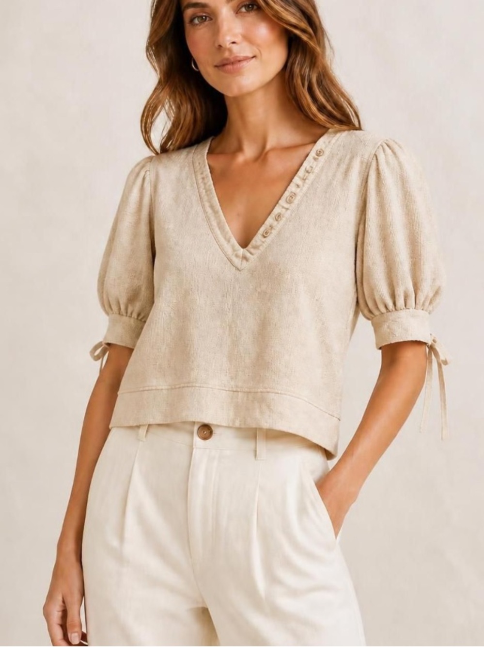 Ulla Johnson Bess Oatmeal Cotton Sweater Size Small Poplin Trim Puff Sleeve $245